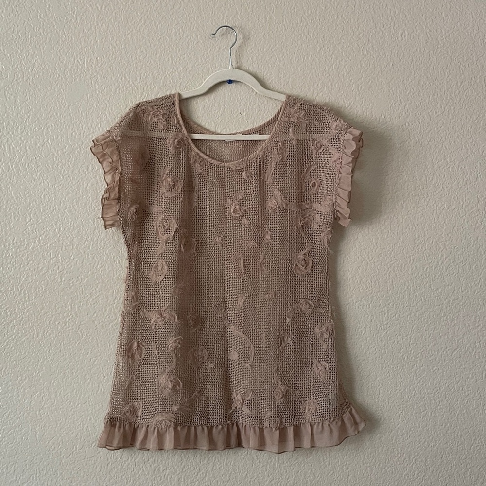 Blu Pepper Overlay Top Sheer Loose Mesh Textured Ruffle Hem